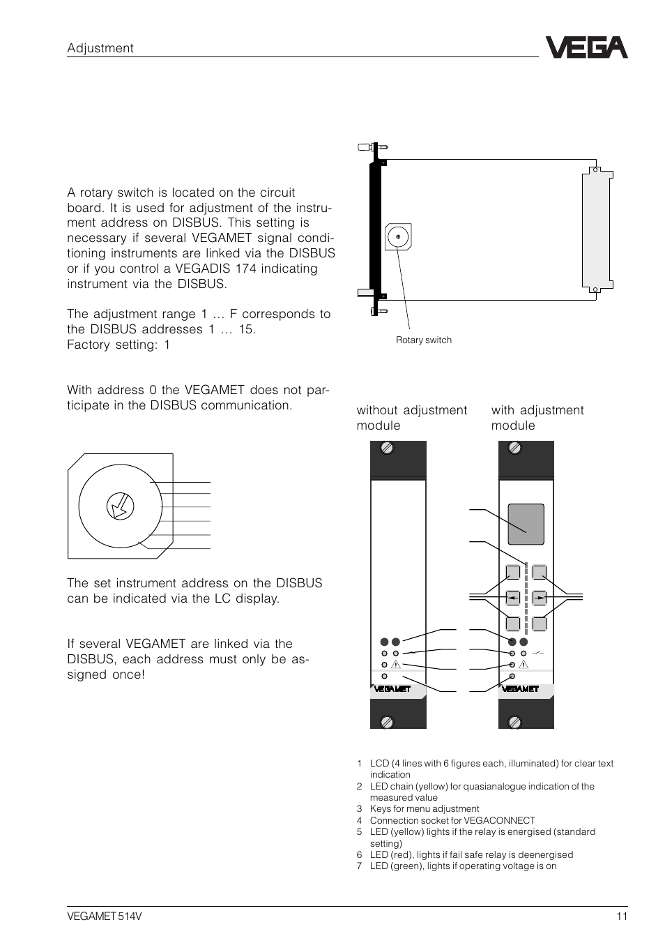 4 adjustment, 1 indicating and adjustment elements, Circuit board | Front plate vegamet 514v, Adjustment, Without adjustment with adjustment module module, Position of the rotary switch | VEGA VEGAMET 514V User Manual | Page 11 / 60