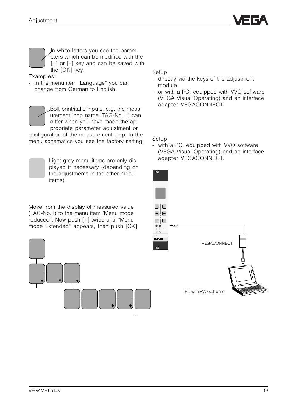 3 adjustment via pc, Demonstrations in the menu schematic, Change of the menu mode | Adjustment | VEGA VEGAMET 514V User Manual | Page 13 / 60