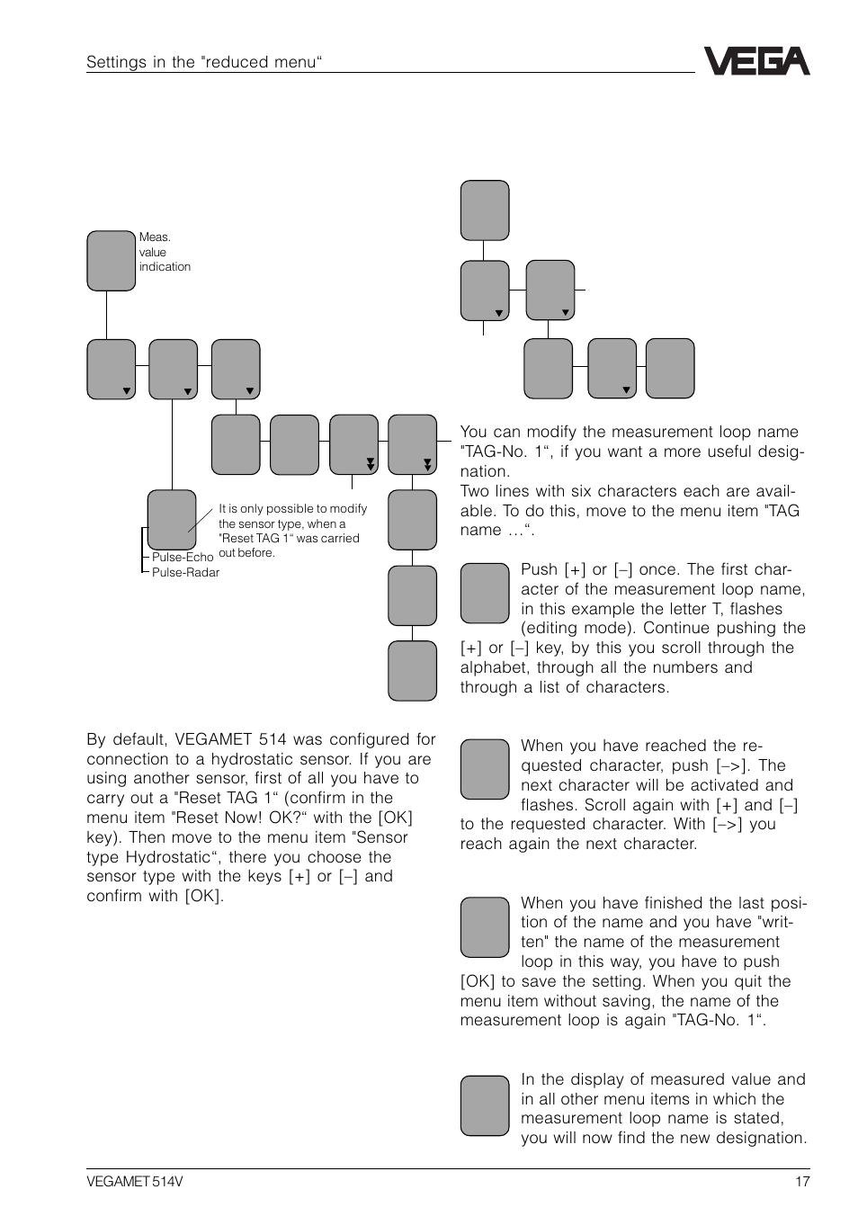 6 settings in the "reduced menu, 1 configuration of measurement loop | VEGA VEGAMET 514V User Manual | Page 17 / 60