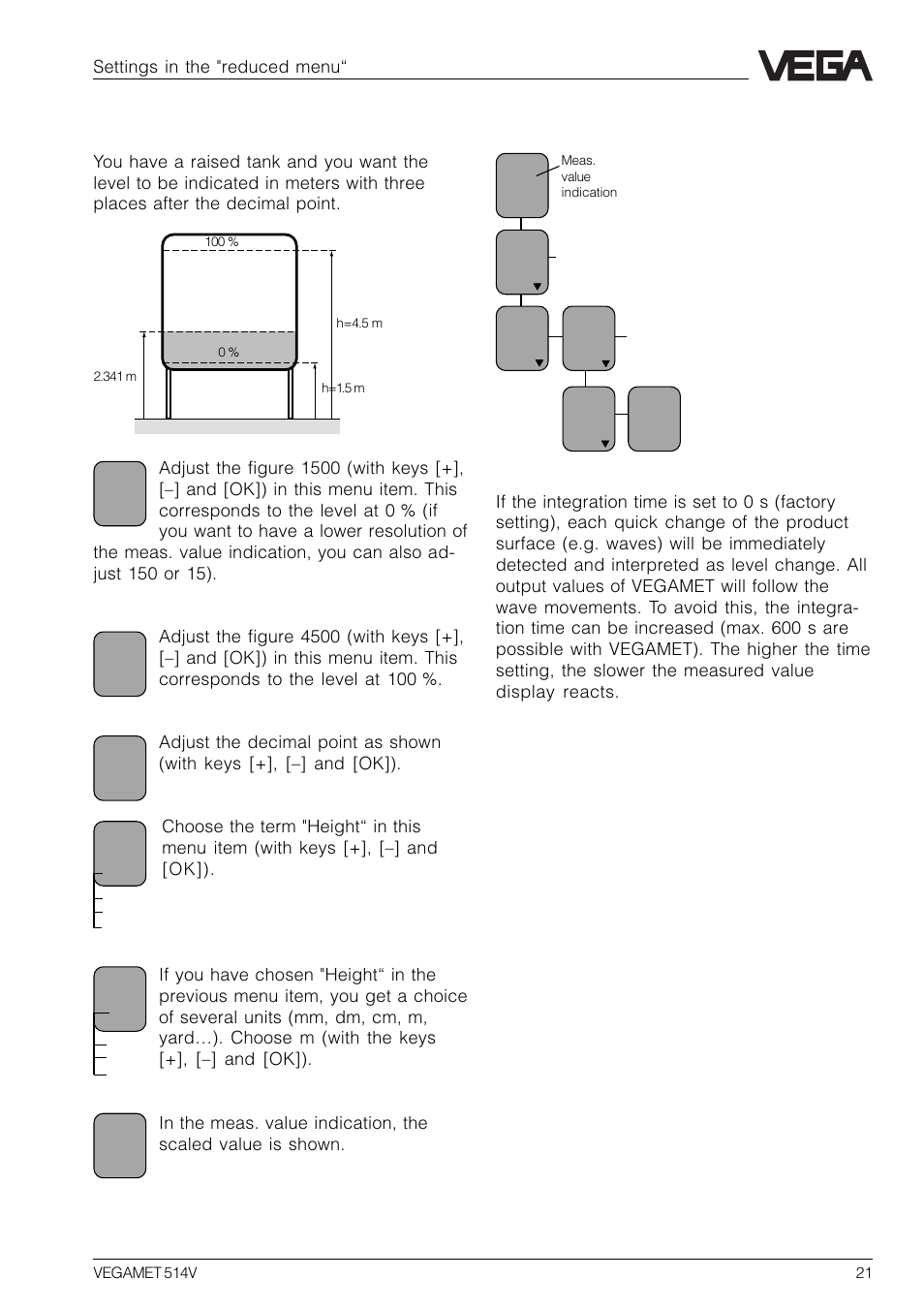 6 integration time, Settings in the "reduced menu | VEGA VEGAMET 514V User Manual | Page 21 / 60