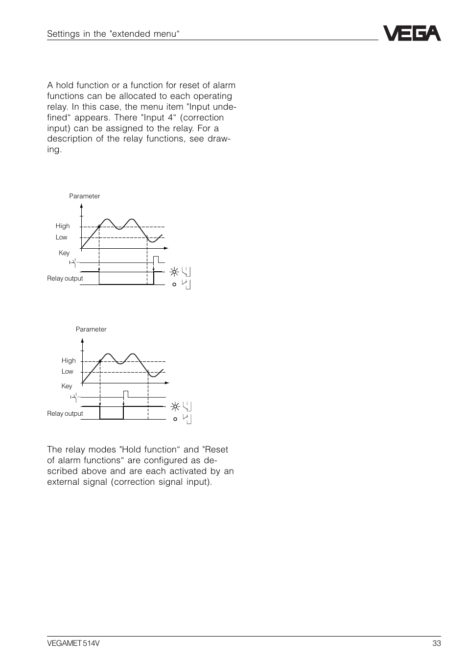 Relay outputs, Settings in the "extended menu, Reset of alarm functions | VEGA VEGAMET 514V User Manual | Page 33 / 60