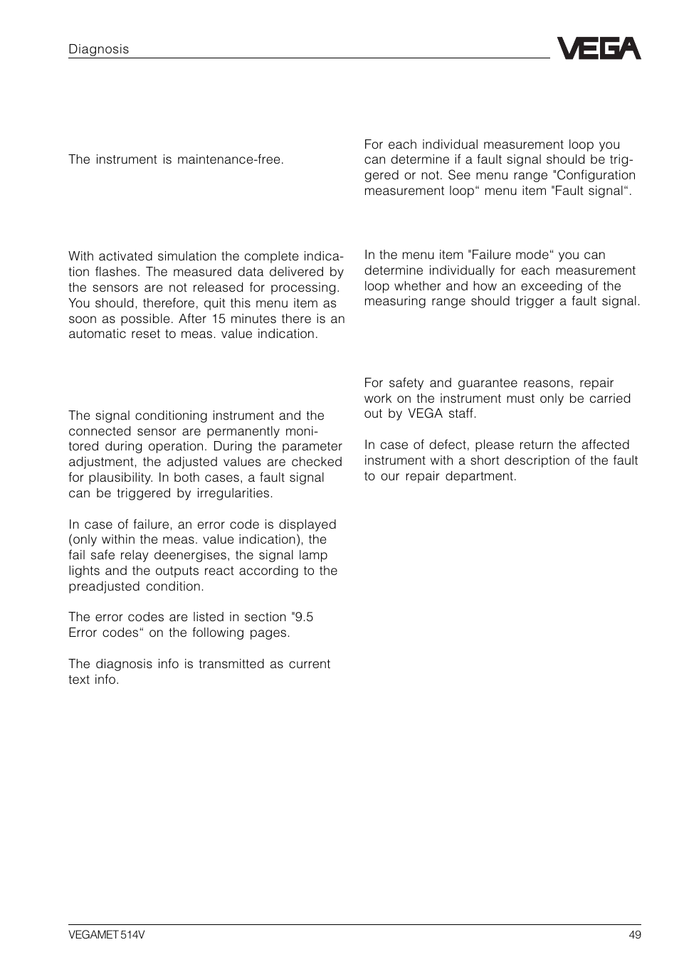 9 diagnosis, 1 maintenance, 2 simulation | 3 fault signal, 4 repair | VEGA VEGAMET 514V User Manual | Page 49 / 60