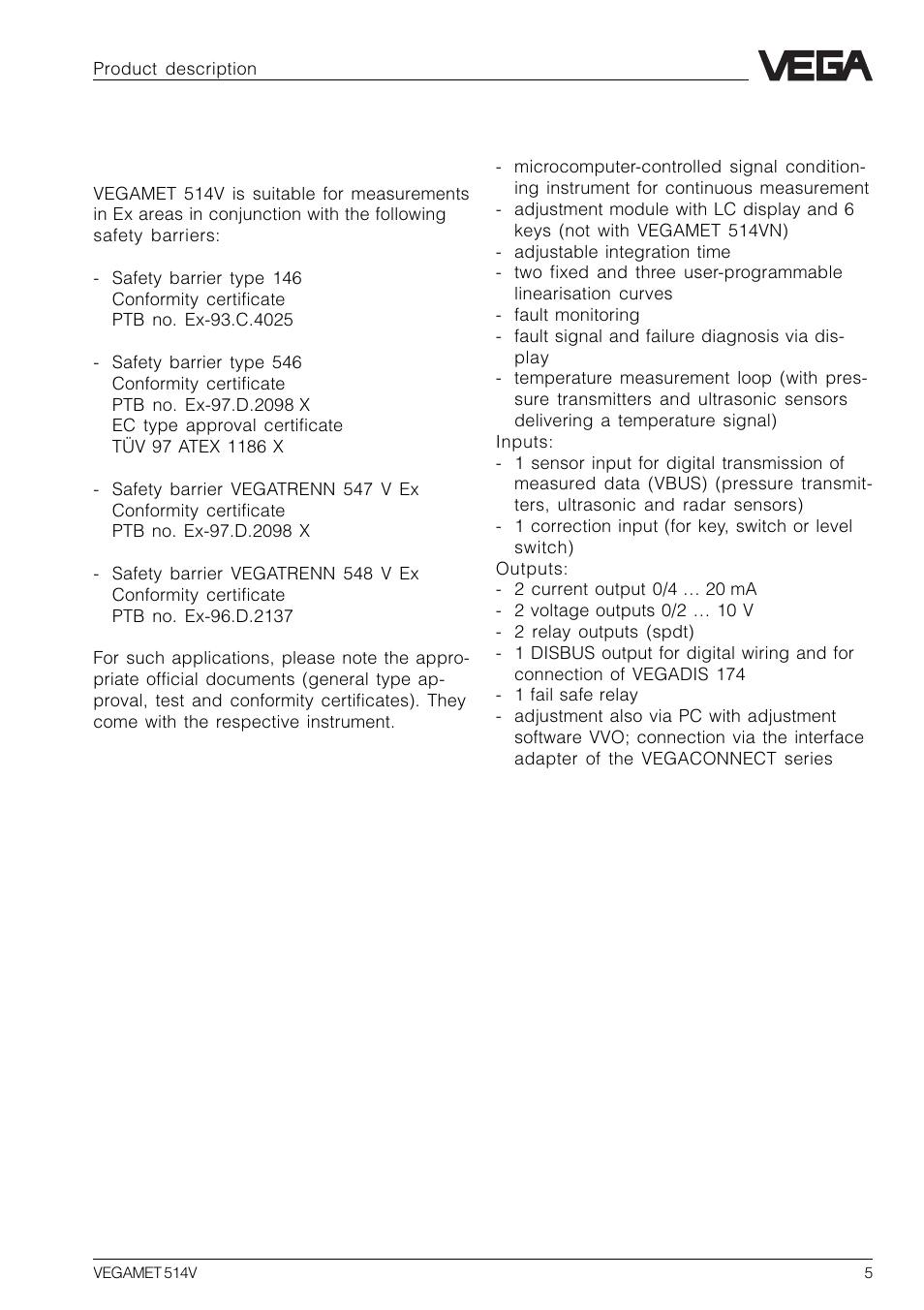 2 approvals, 3 features | VEGA VEGAMET 514V User Manual | Page 5 / 60