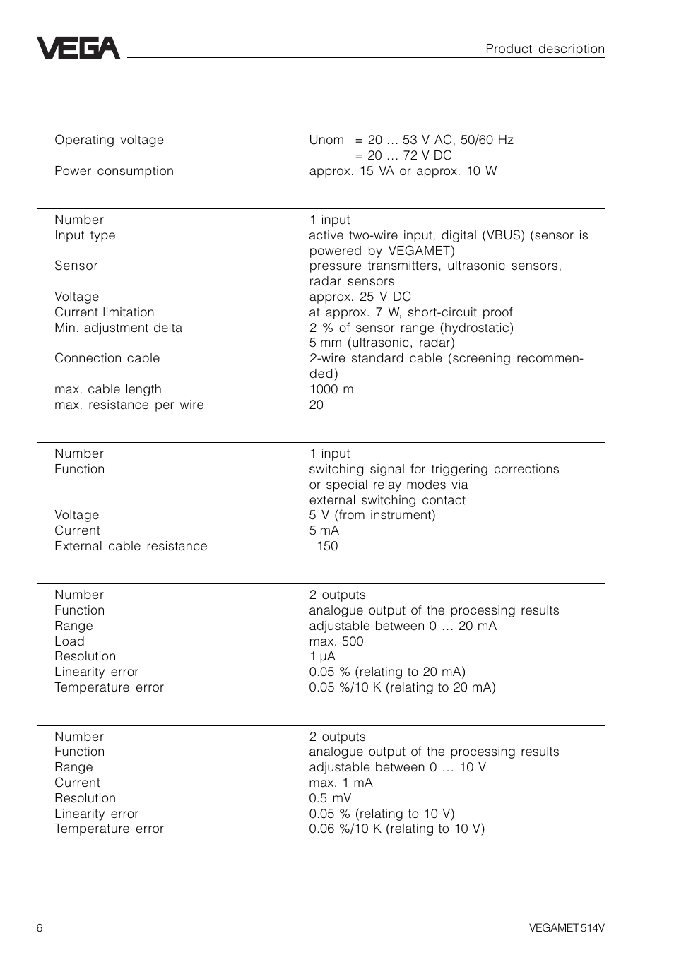 4 technical data | VEGA VEGAMET 514V User Manual | Page 6 / 60