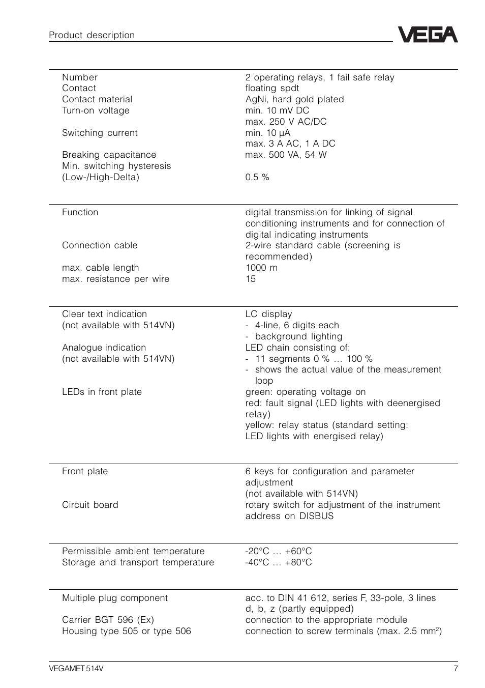 VEGA VEGAMET 514V User Manual | Page 7 / 60
