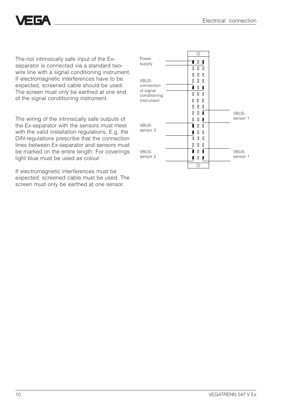 2 connection instructions, 3 wiring plan, Not intrinsically safe input | Intrinsically safe output | VEGA VEGATRENN 547 V Ex User Manual | Page 10 / 16