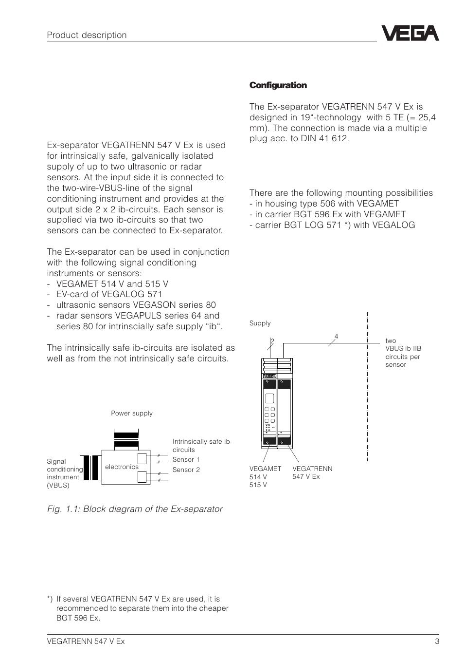 1 product description, 1 function, configuration and mounting, Function | Configuration, Mounting | VEGA VEGATRENN 547 V Ex User Manual | Page 3 / 16