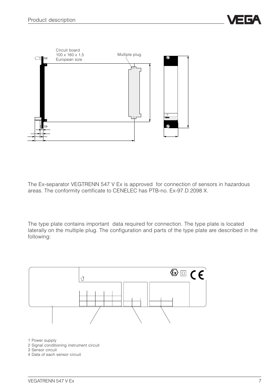 3 dimensions, 4 approvals, 5 type plate | Vega trenn 547 v ex, 3 dimensions 1.4 approvals, Product description | VEGA VEGATRENN 547 V Ex User Manual | Page 7 / 16