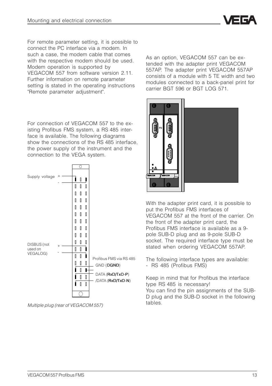 Connections of the multiple plug (rear), Mounting and electrical connection | VEGA VEGACOM 557 Profibus FMS User Manual | Page 13 / 56