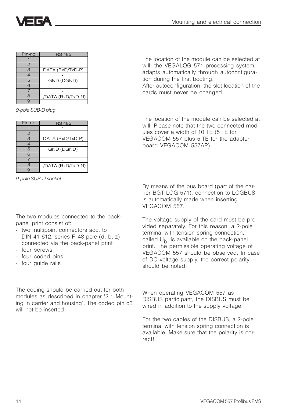 Mounting instructions for vegacom 557ap, Module position, Connection vegacom 557ap | Pin assignments vegacom 557ap | VEGA VEGACOM 557 Profibus FMS User Manual | Page 14 / 56