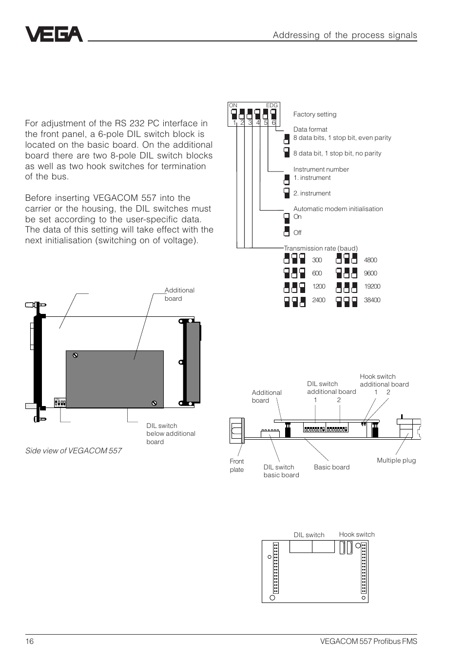 3 addressing of the process signals, 1 switch adjustments on vegacom 557, Addressing of the process signals | Bottom view of the component, Additional board bottom view | VEGA VEGACOM 557 Profibus FMS User Manual | Page 16 / 56
