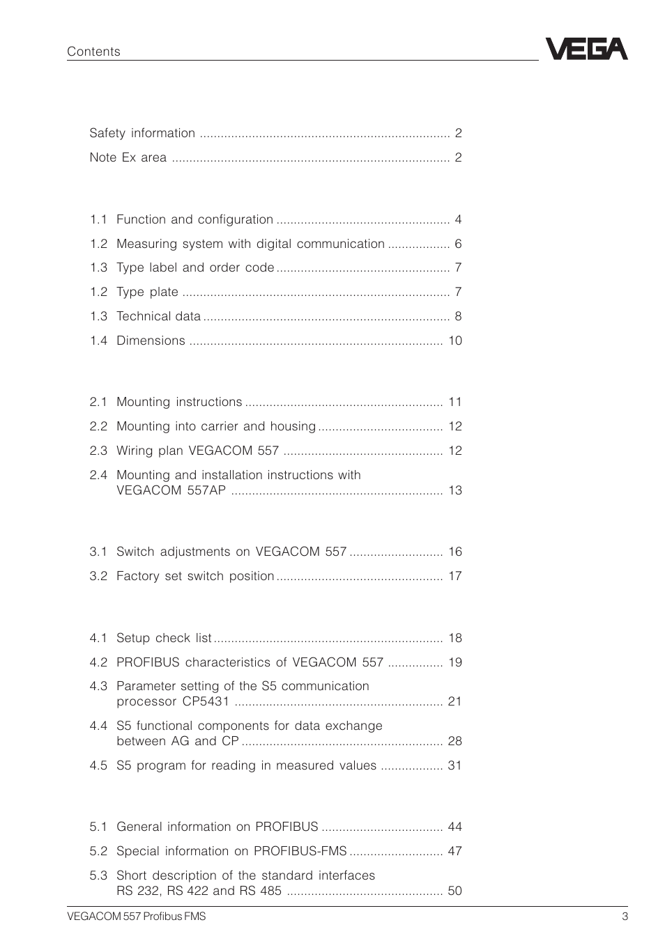 VEGA VEGACOM 557 Profibus FMS User Manual | Page 3 / 56