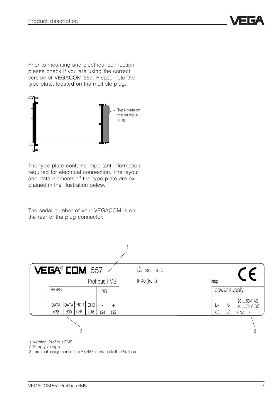 3 type label and order code, 2 type plate, Profibus fms | Power supply | VEGA VEGACOM 557 Profibus FMS User Manual | Page 7 / 56