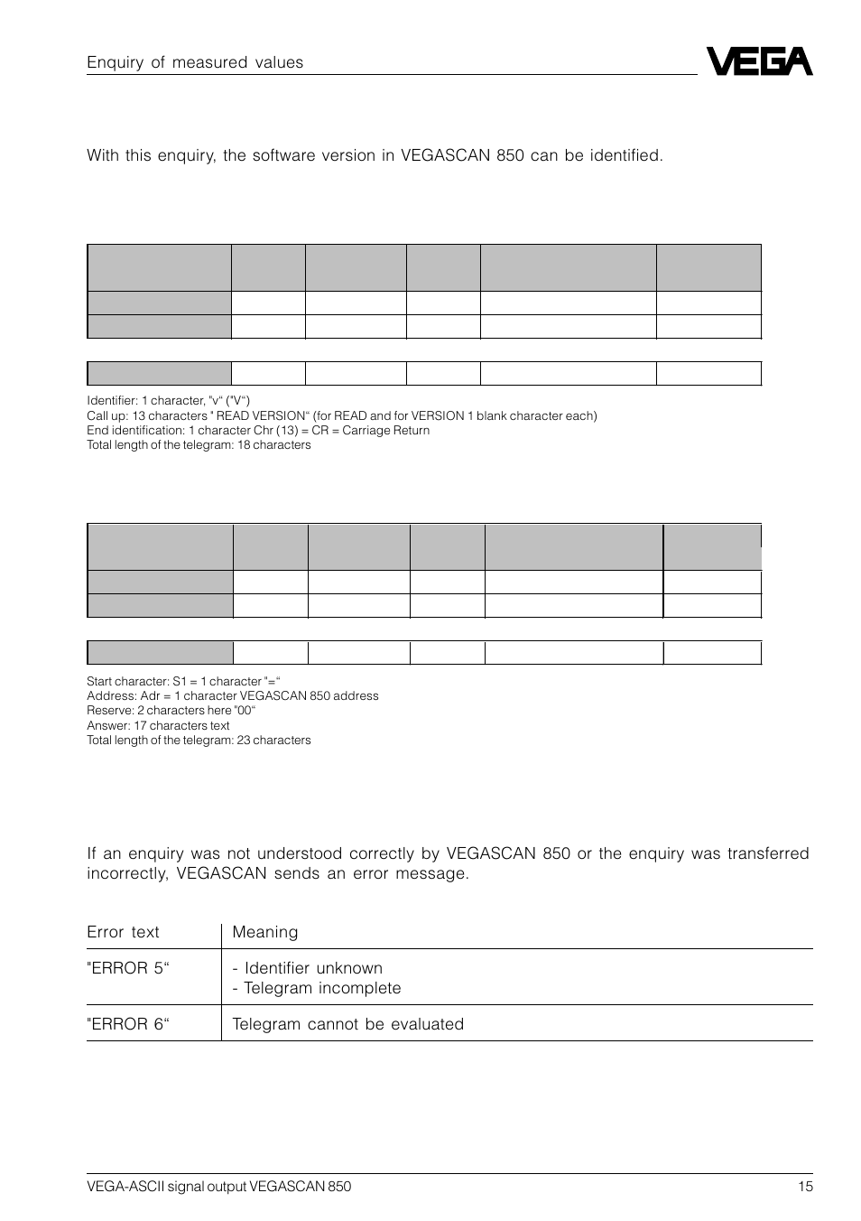 6 enquiry for the software version, 7 error message from vegascan 850 | VEGA VEGASCAN 850 VEGA-ASCII signal output User Manual | Page 15 / 20