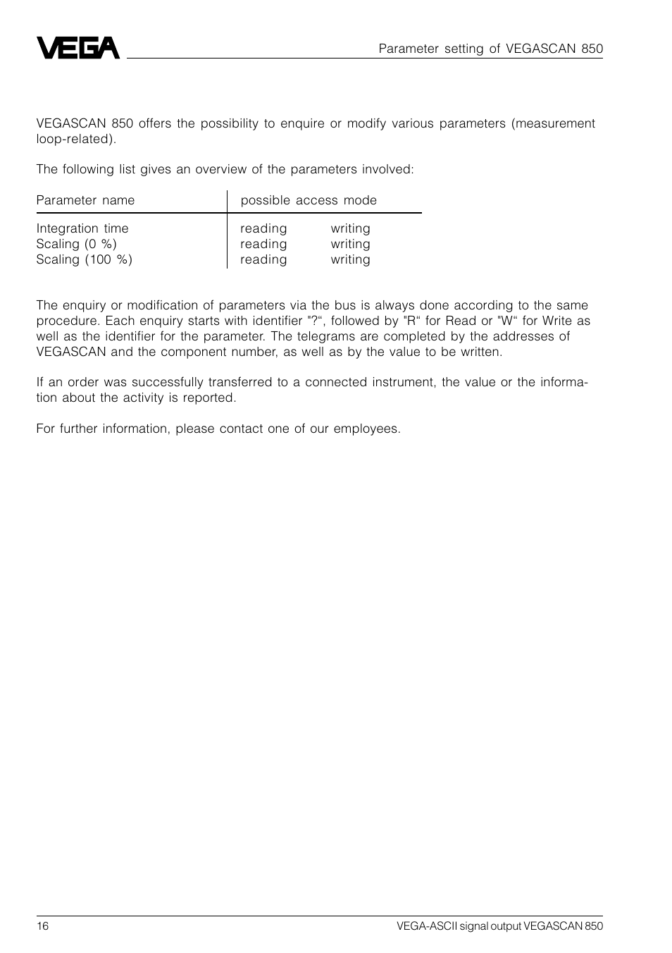 4 setting of parameters of vegascan 850 | VEGA VEGASCAN 850 VEGA-ASCII signal output User Manual | Page 16 / 20