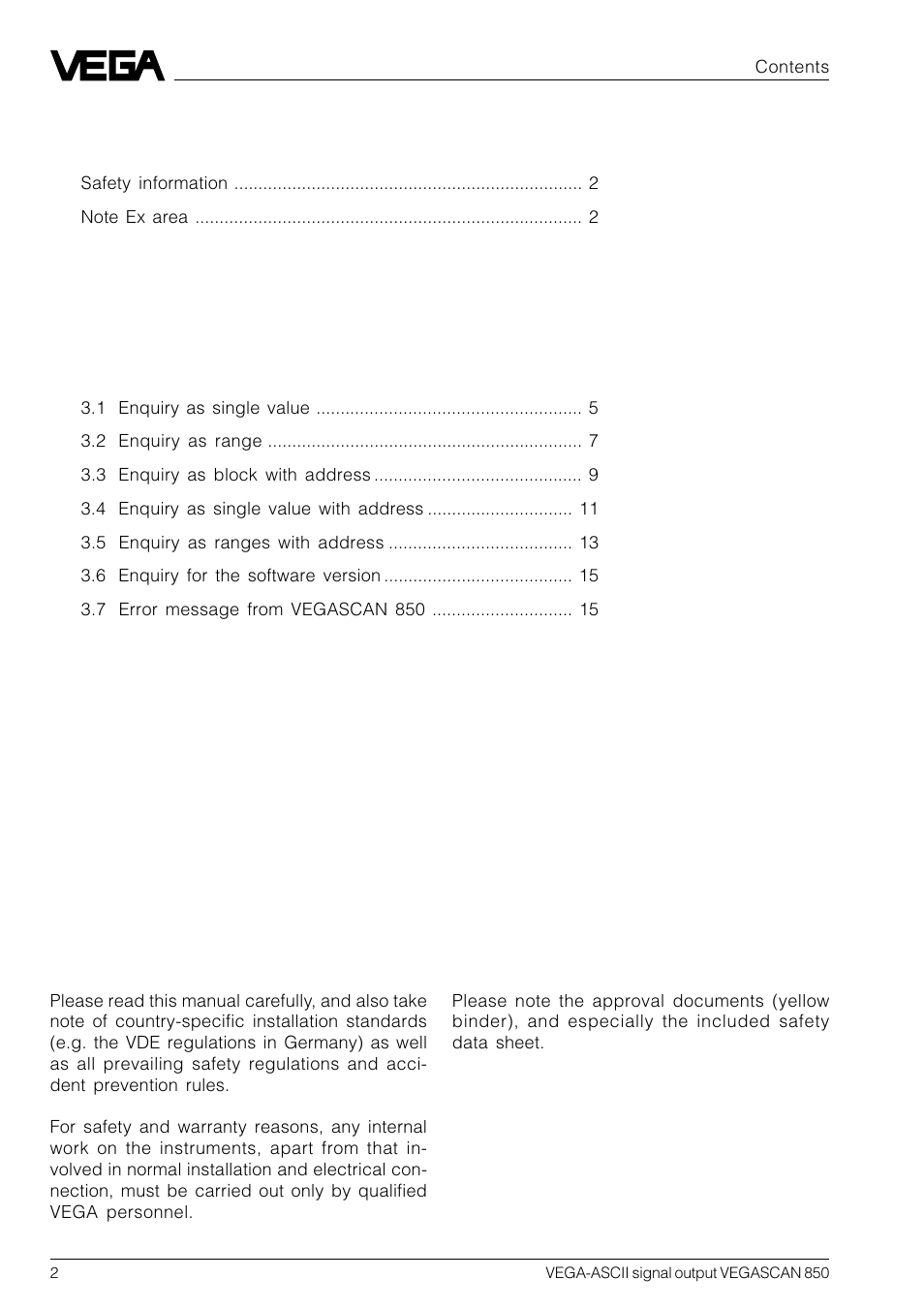 VEGA VEGASCAN 850 VEGA-ASCII signal output User Manual | Page 2 / 20