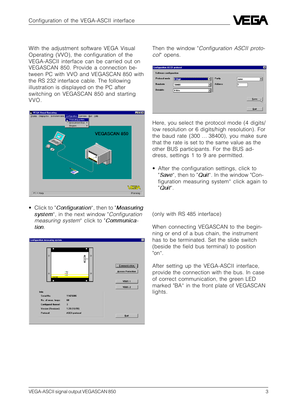 1 configuration of the vega-ascii interface | VEGA VEGASCAN 850 VEGA-ASCII signal output User Manual | Page 3 / 20