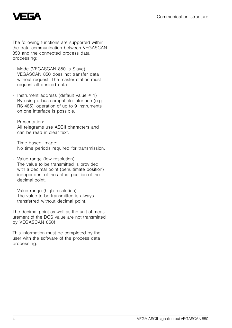 2 communication structure | VEGA VEGASCAN 850 VEGA-ASCII signal output User Manual | Page 4 / 20