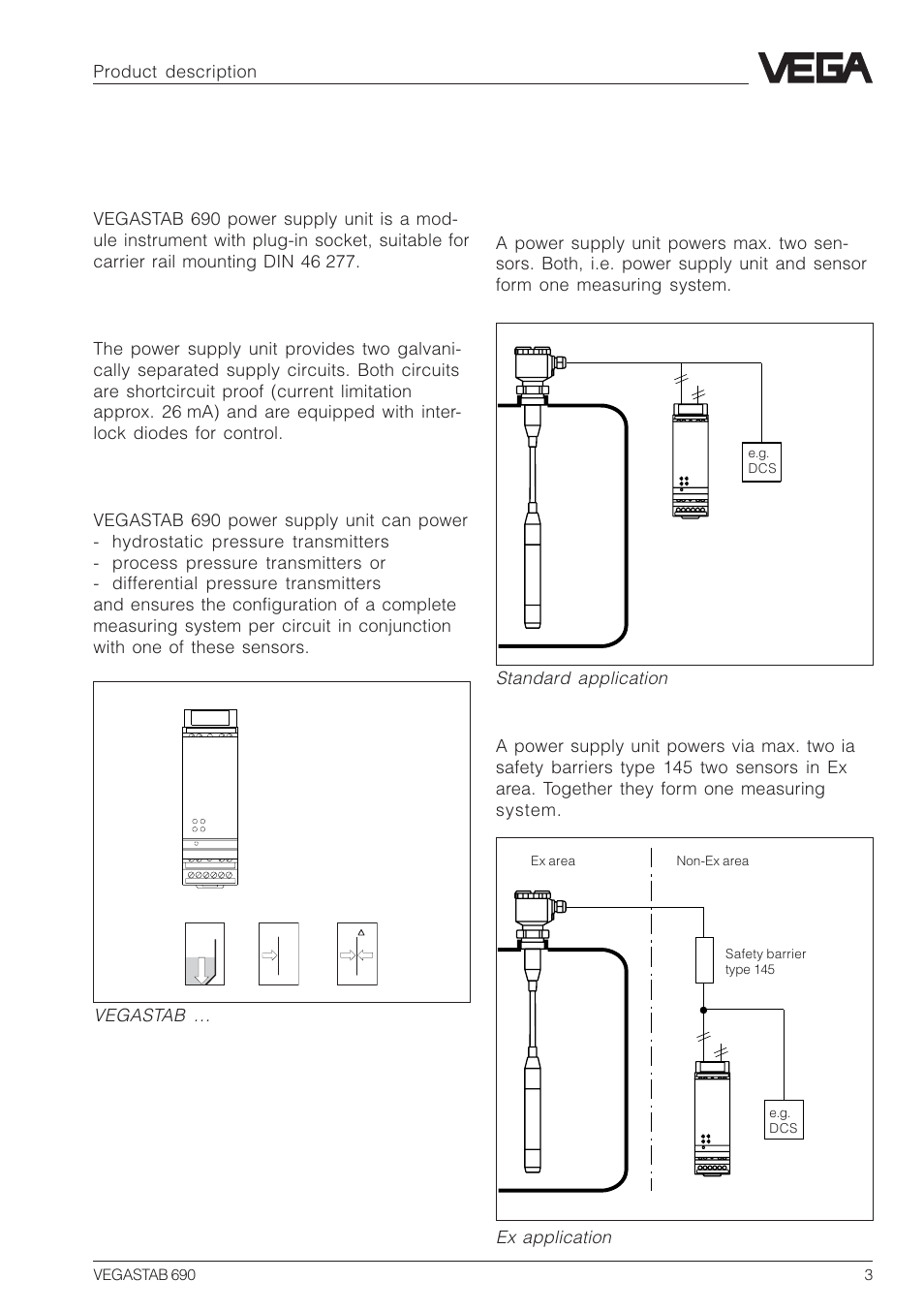 1 product description, 1 function and configuration, 2 types and versions | Function, Configuration, Standard application, Application in ex area, Product description, Standard application ex application | VEGA VEGASTAB 690 User Manual | Page 3 / 12