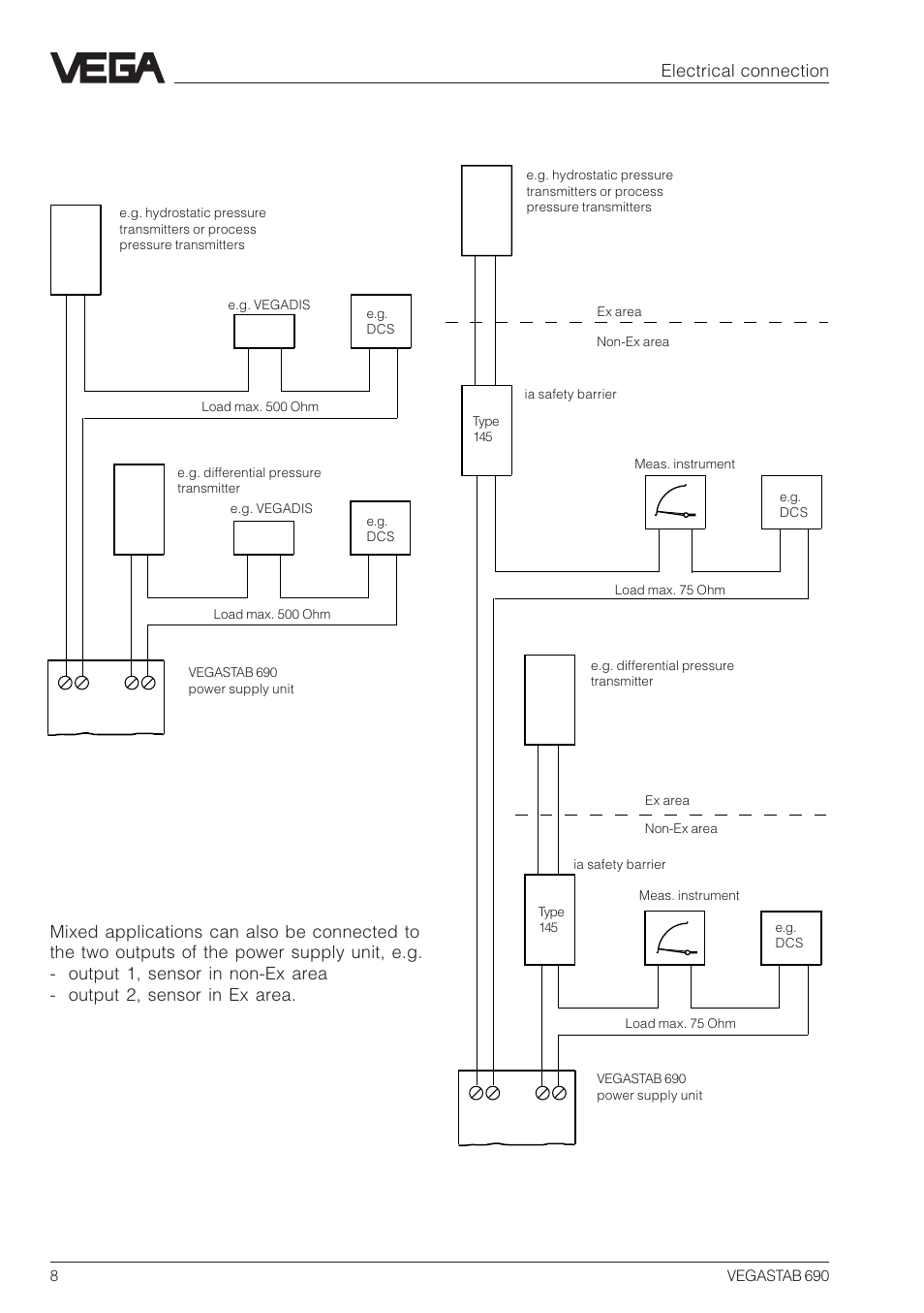 4 connection examples, Sensors in non-ex area sensors in ex area, Electrical connection | VEGA VEGASTAB 690 User Manual | Page 8 / 12