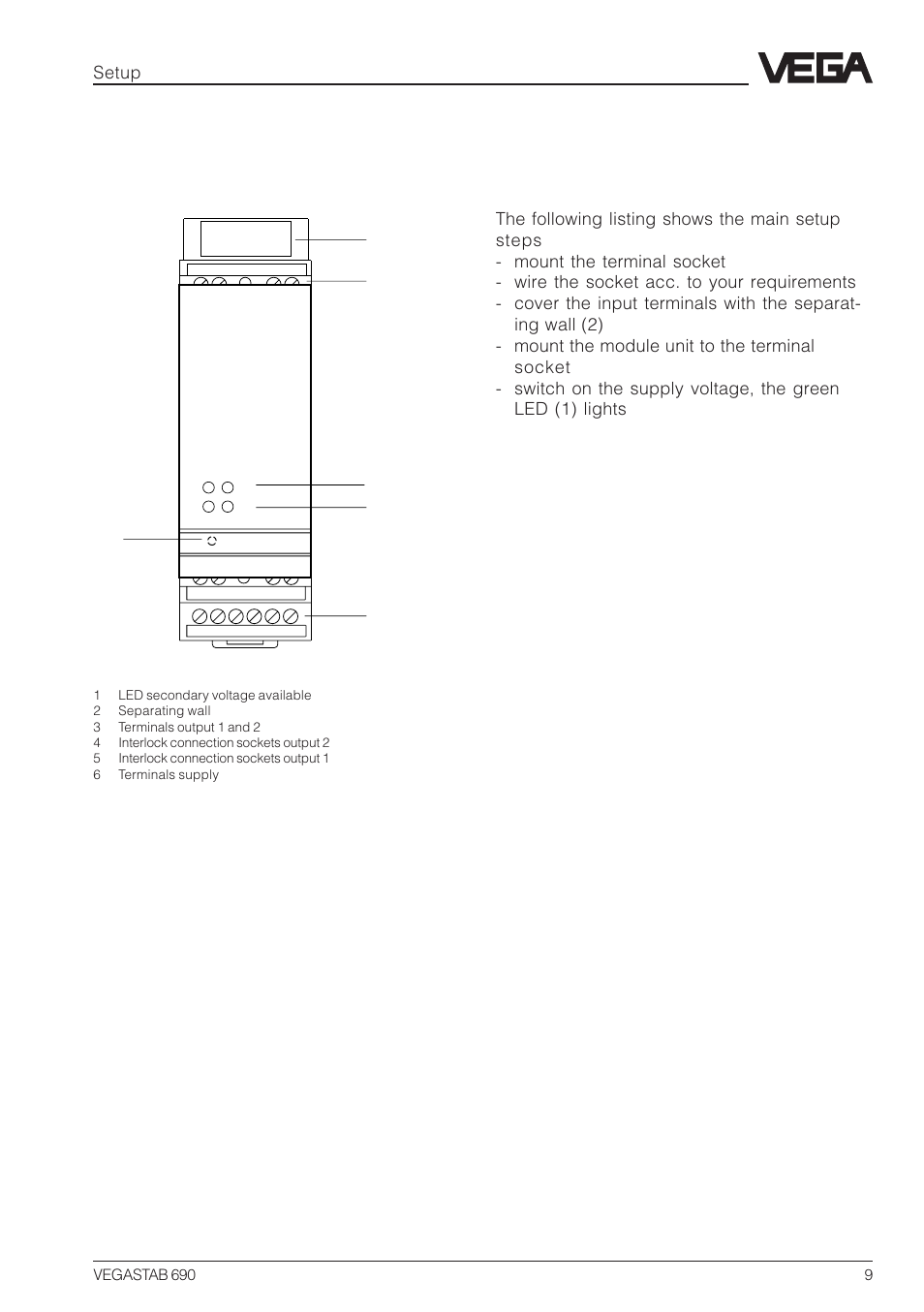 4 setup, 1 indicating and adjustment elements, 2 setup sequence | 1 indicating and adjustment ele- ments | VEGA VEGASTAB 690 User Manual | Page 9 / 12