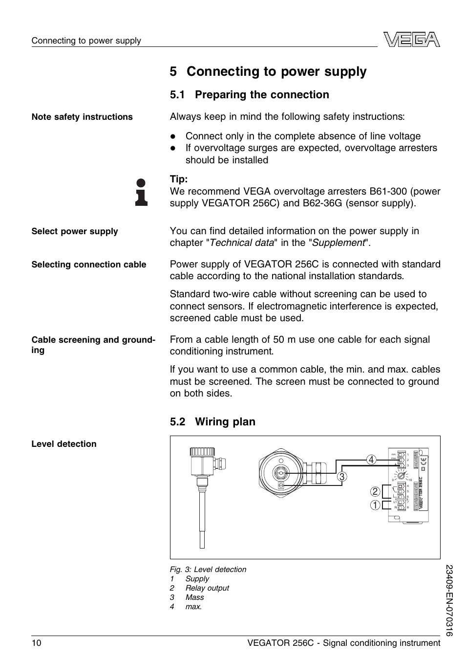 5 connecting to power supply, 1 preparing the connection, 2 wiring plan | VEGA VEGATOR 256C User Manual | Page 10 / 24