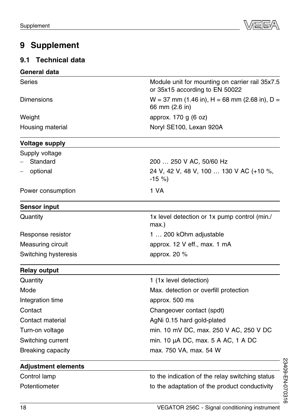 9 supplement, 1 technical data | VEGA VEGATOR 256C User Manual | Page 18 / 24