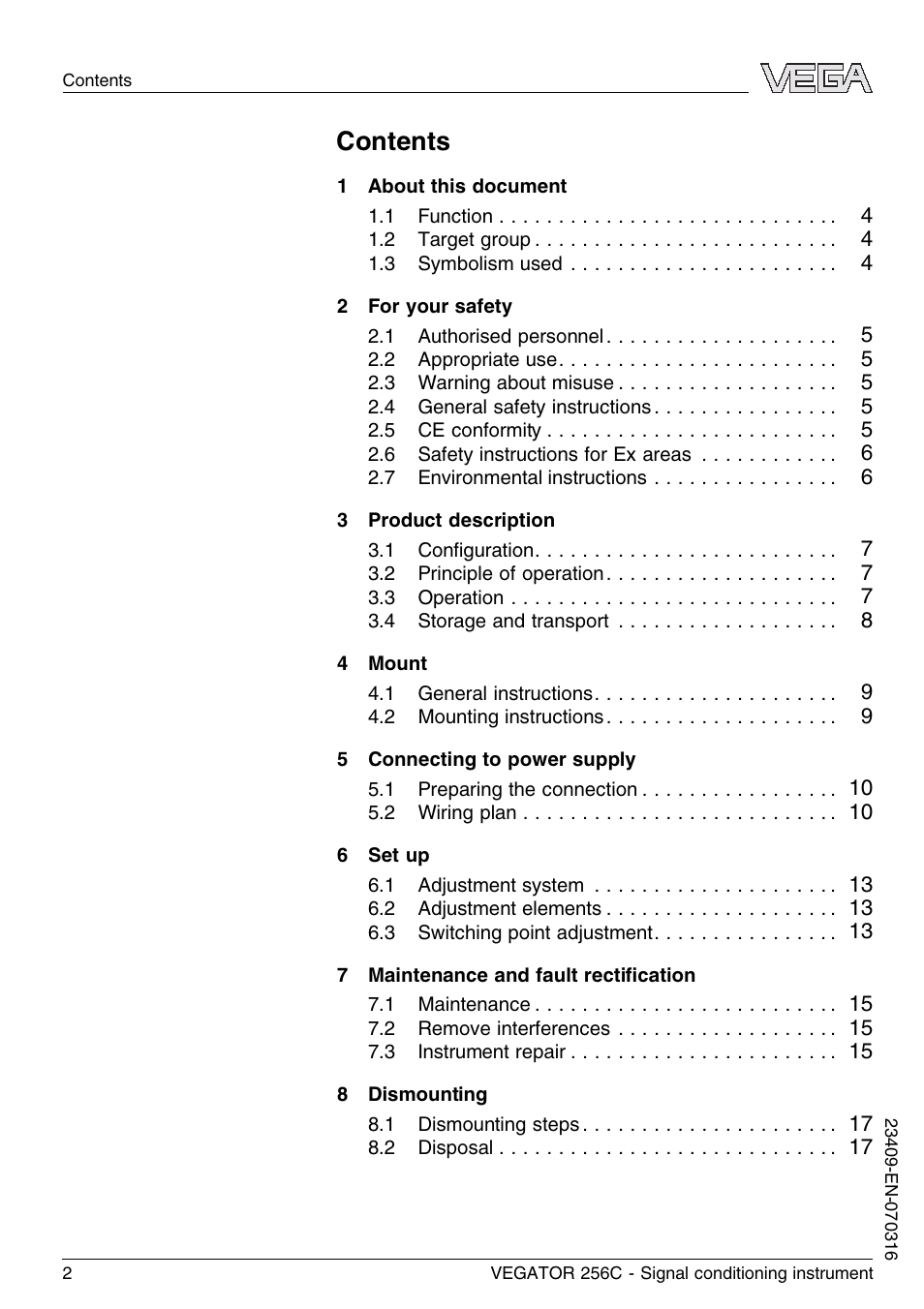 VEGA VEGATOR 256C User Manual | Page 2 / 24