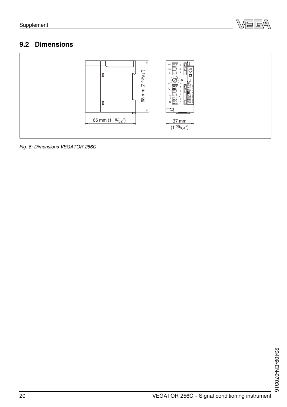 2 dimensions, 66 mm (1, 37 mm (1 | 68 mm (2, Fig. 6: dimensions vegator 256c | VEGA VEGATOR 256C User Manual | Page 20 / 24