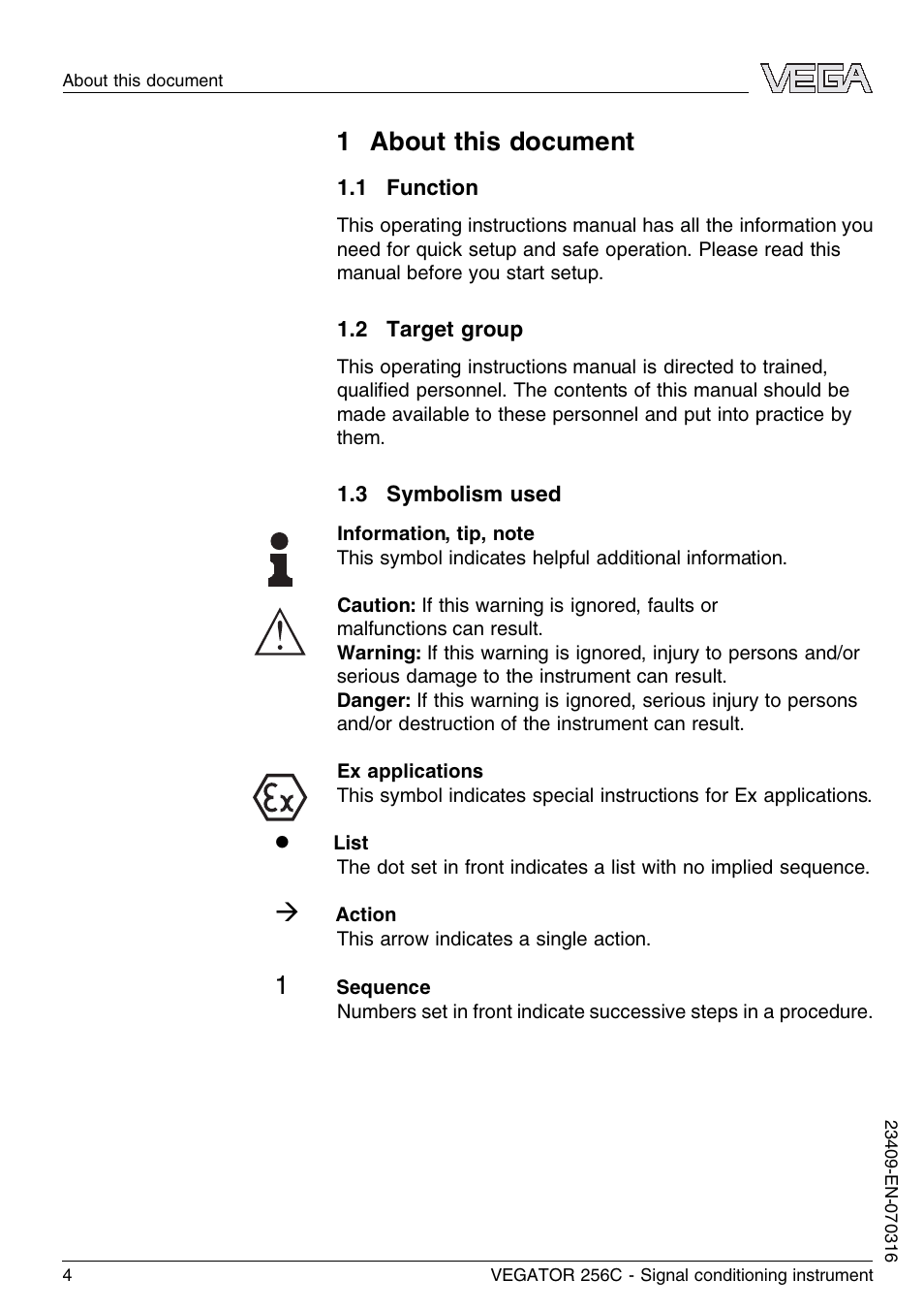 1 about this document, 1 function, 2 target group | 3 symbolism used | VEGA VEGATOR 256C User Manual | Page 4 / 24