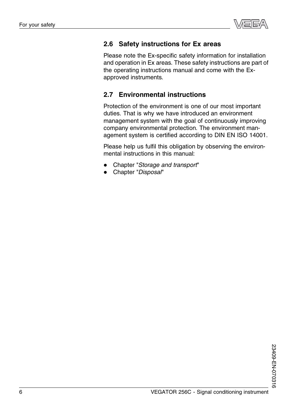 6 safety instructions for ex areas, 7 environmental instructions | VEGA VEGATOR 256C User Manual | Page 6 / 24