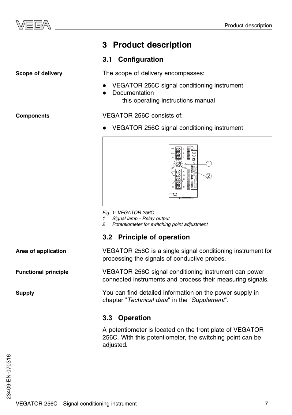 3 product description, 1 configuration, 2 principle of operation | 3 operation, 1 conﬁguration, The scope of delivery encompasses, Vegator 256c signal conditioning instrument | VEGA VEGATOR 256C User Manual | Page 7 / 24