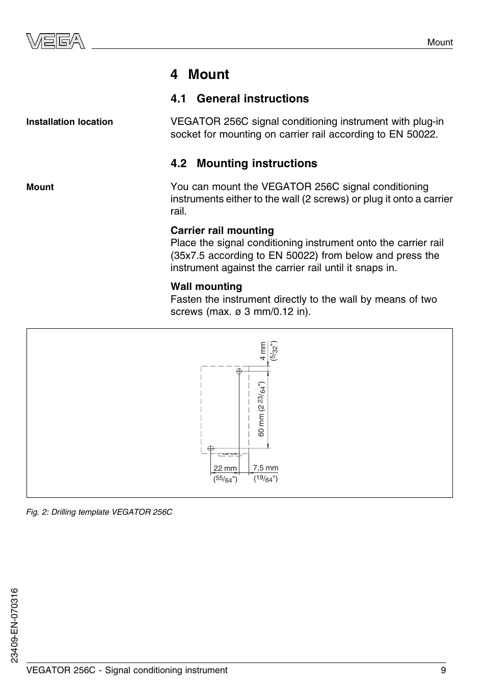 4 mount, 1 general instructions, 2 mounting instructions | VEGA VEGATOR 256C User Manual | Page 9 / 24
