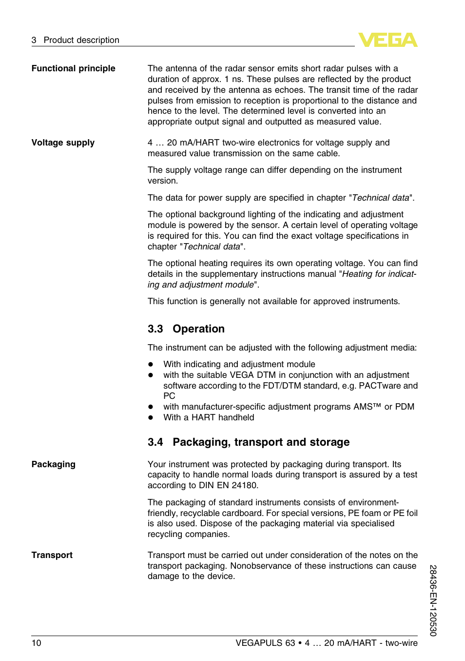 3 operation, 4 packaging, transport and storage | VEGA VEGAPULS 63 (≥ 2.0.0 - ≤ 3.8) 4 … 20 mA_HART - two-wire User Manual | Page 10 / 68