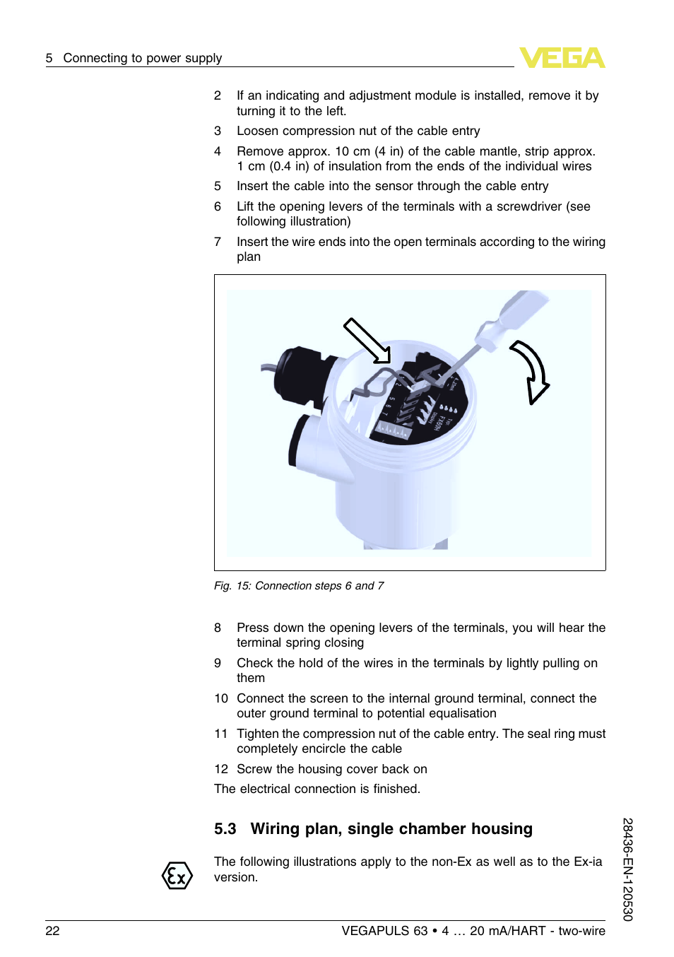 3 wiring plan, single chamber housing | VEGA VEGAPULS 63 (≥ 2.0.0 - ≤ 3.8) 4 … 20 mA_HART - two-wire User Manual | Page 22 / 68