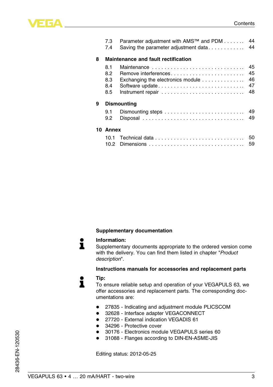 VEGA VEGAPULS 63 (≥ 2.0.0 - ≤ 3.8) 4 … 20 mA_HART - two-wire User Manual | Page 3 / 68