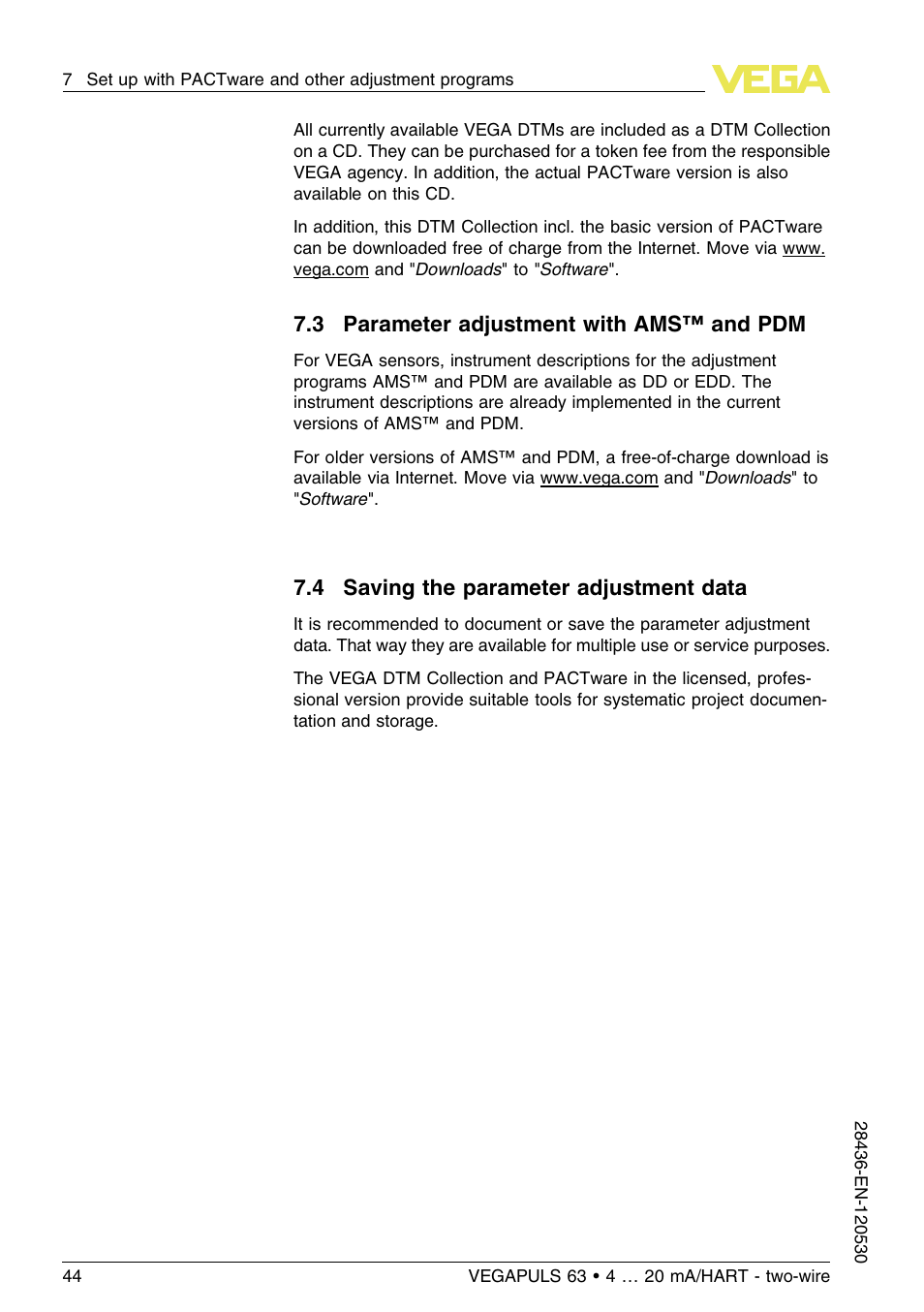 3 parameter adjustment with ams™ and pdm, 4 saving the parameter adjustment data | VEGA VEGAPULS 63 (≥ 2.0.0 - ≤ 3.8) 4 … 20 mA_HART - two-wire User Manual | Page 44 / 68