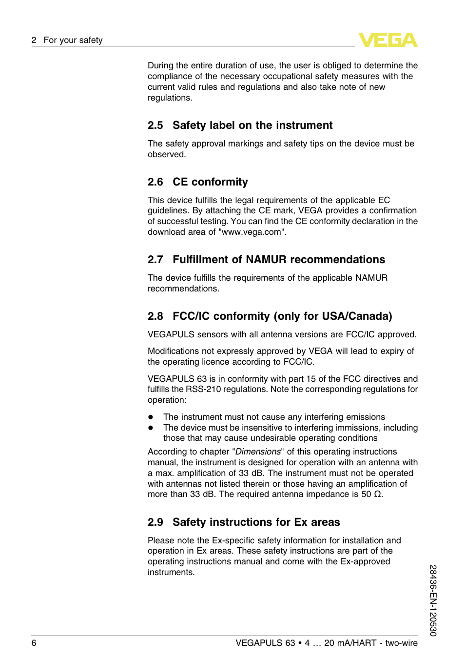 7 fulfillment of namur recommendations, 8 fcc/ic conformity (only for usa/canada), 9 safety instructions for ex areas | VEGA VEGAPULS 63 (≥ 2.0.0 - ≤ 3.8) 4 … 20 mA_HART - two-wire User Manual | Page 6 / 68