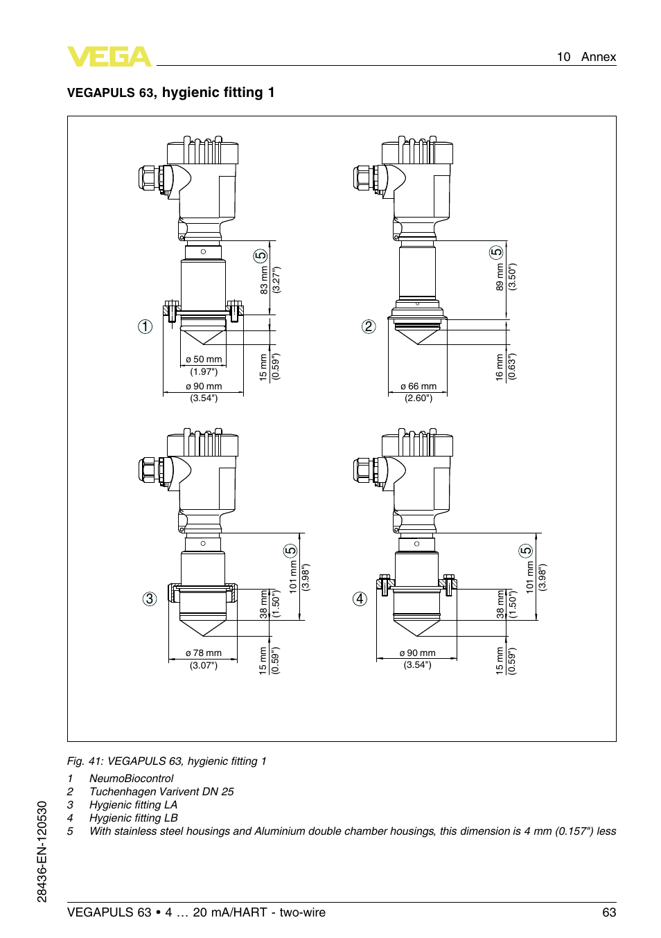 Hygienic ﬁtting 1 | VEGA VEGAPULS 63 (≥ 2.0.0 - ≤ 3.8) 4 … 20 mA_HART - two-wire User Manual | Page 63 / 68