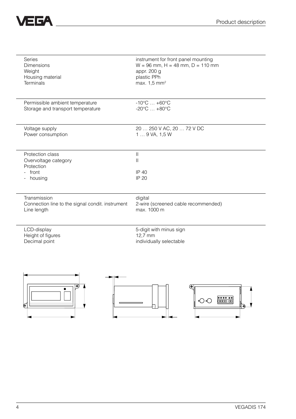 2 technical data and dimensions | VEGA VEGADIS 174 User Manual | Page 4 / 8