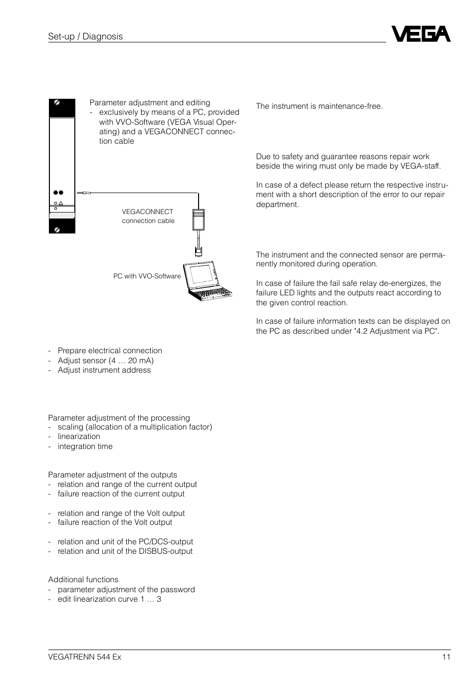 2 adjustment via pc, 3 set-up sequence, 5 diagnosis | 1 maintenance, 2 repair, 3 fault signal, Set-up / diagnosis | VEGA VEGATRENN 544 Ex User Manual | Page 11 / 12