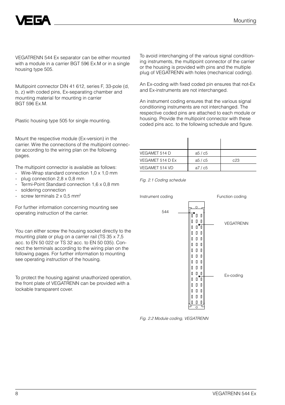 2 mounting, 1 mounting versions, Mounting | Mounting carrier, Mounting single housing, Transparent cover, Coding | VEGA VEGATRENN 544 Ex User Manual | Page 8 / 12