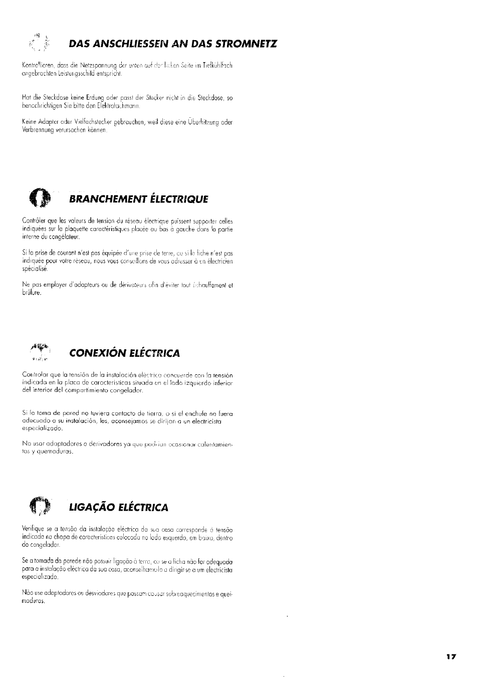 Das anschliessen an das stromnetz, Branchement electrique, Ligacao electrica | Conexion electrica | ZANKER GS 105 User Manual | Page 17 / 31