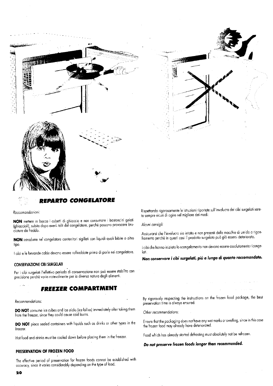 Conservazione cibi surgelati, Preservation of frozen food, Remliro congblatore | Freezer compartment | ZANKER GS 105 User Manual | Page 20 / 31