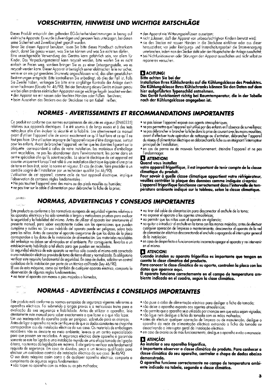 Vorschriften, hinweise und wichtige ratschlage, Achtung, Ahention | Norams, advertencias y consejos importantes, Normas - advertencias e conselhos importantes, Aten^áo | ZANKER GS 105 User Manual | Page 3 / 31