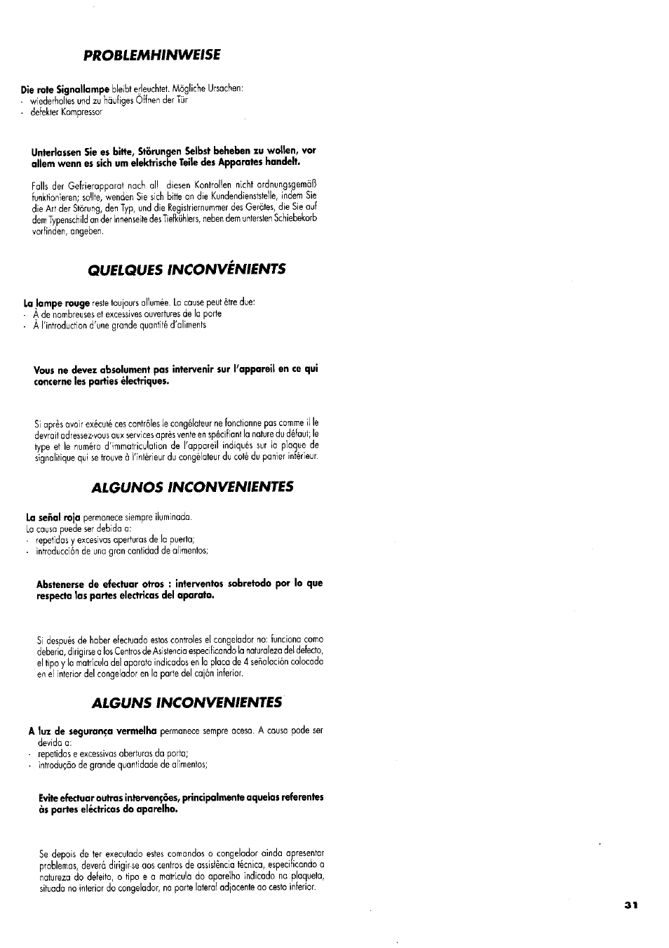 Problemhinweise, Quelques inconvenients, Algunos inconvenientes | Alguns inconvenientes | ZANKER GS 105 User Manual | Page 31 / 31