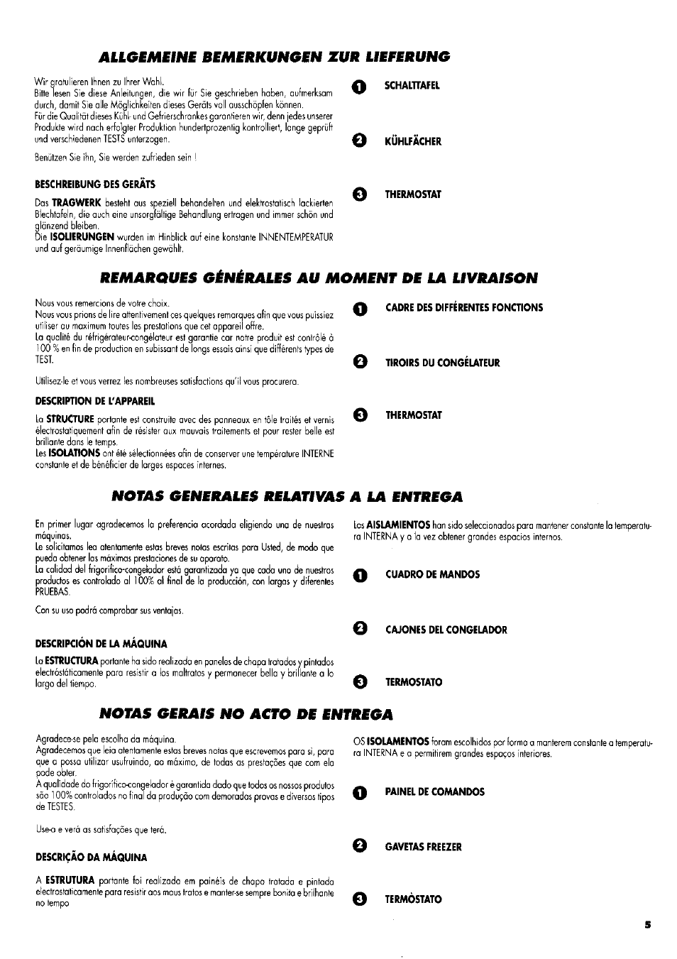 Alloëmeine bemerkungen zur lieferung, Beschreibung des geräts, Remarques gintuales au moment de la uvraison | Description de l'appareil, Cadre des differentes fonctions, Tiroirs du congelateur, Thermostat, Notas oenerales reíativas a la entrega, Descripcion de la maquina, 0 cuadro de mandos o cajones del congelador | ZANKER GS 105 User Manual | Page 5 / 31