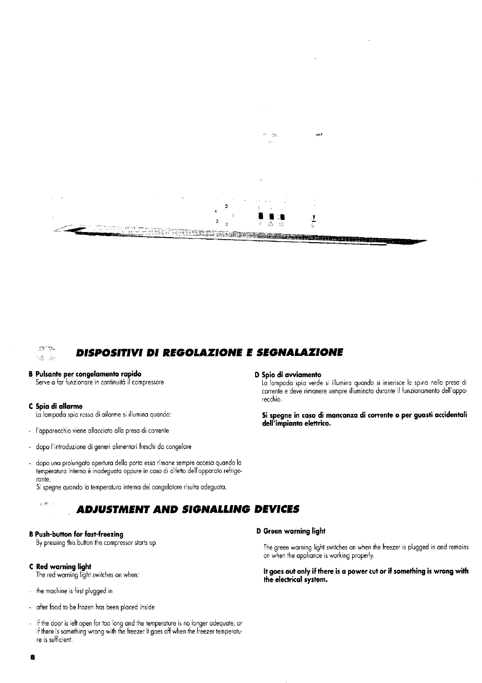 Dispositivi di rseolazions e seonalazione, B pulsante per congelamento rapido, C spia di allarme | D spia di avviamento, Adjustment and signalling devices, B push-button for fas^freezing, C red warning light, D green warning light, I 1 i | ZANKER GS 105 User Manual | Page 8 / 31