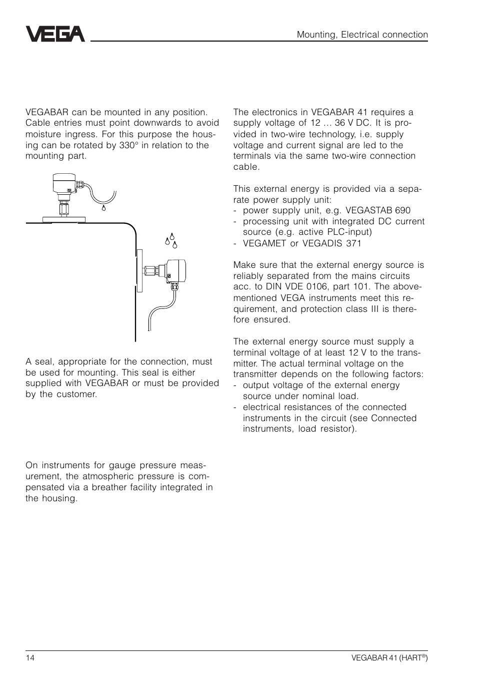 2 mounting, 1 mounting instructions, 2 compensation of the atmospheric pressure | 3 electrical connection, 1 connection instructions, 2 compensation of the atmos- pheric pressure | VEGA VEGABAR 41 HART User Manual | Page 14 / 44