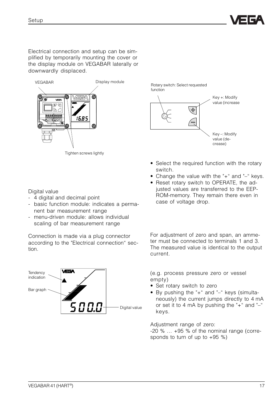 4 setup, 1 display module, Adjustment | Setup, Adjustment elements | VEGA VEGABAR 41 HART User Manual | Page 17 / 44